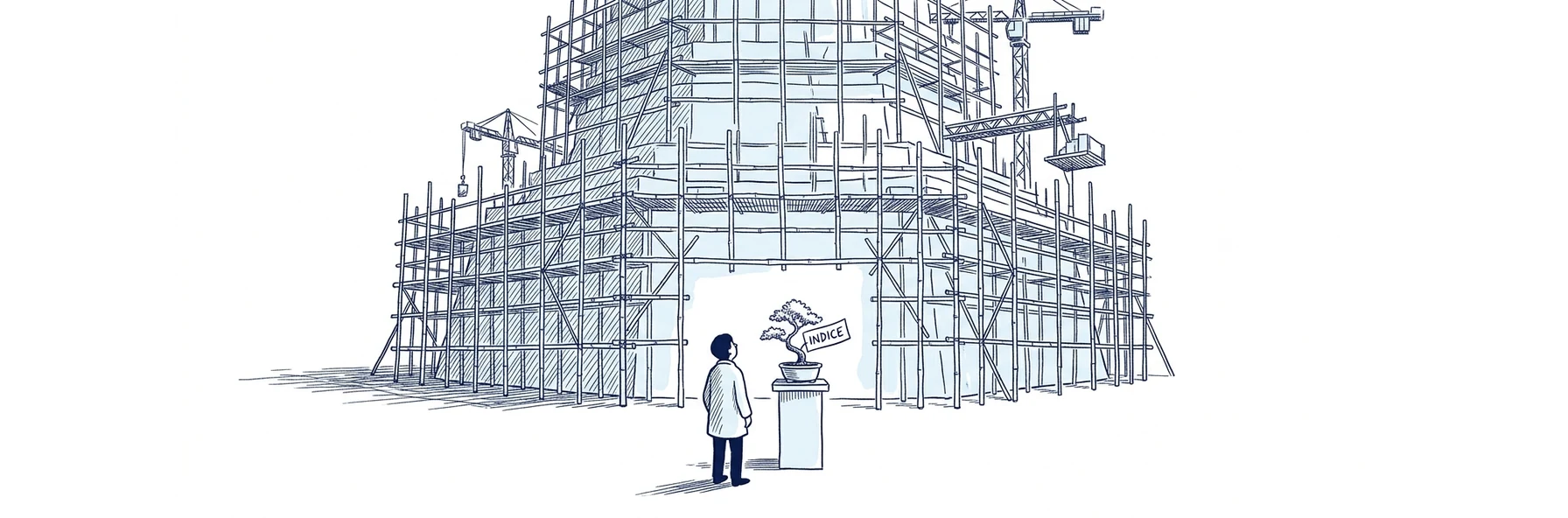 Illustration à l'encre bleue : un immense édifice en construction couvert d'échafaudages de bambou et de grues occupe tout l'arrière-plan, pendant qu'au premier plan un personnage contemple un petit bonsaï posé sur un socle. Une étiquette plantée dans le pot porte la mention INDICE.