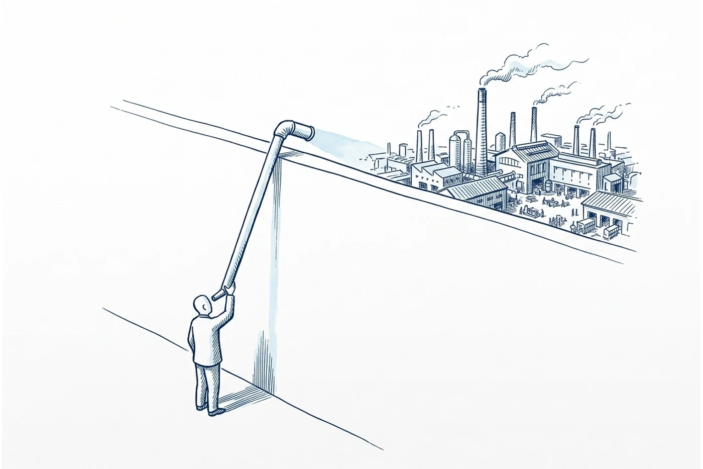 Planche à l'encre bleue : un personnage tient un long périscope coudé par-dessus un haut mur d'enceinte pour observer une usine en pleine activité de l'autre côté ; il ne touche pas l'usine, il n'en voit que le reflet.