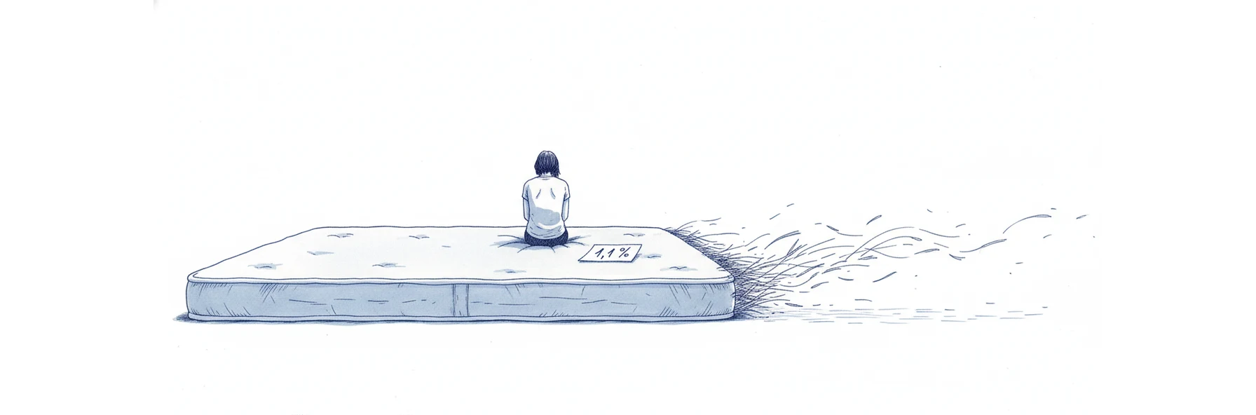 Illustration à l'encre bleue : un très large matelas posé au sol, un petit personnage assis dessus de dos, immobile. Le coin du matelas s'effiloche et des brins de paille s'envolent en une longue traînée qui sort du cadre. Une étiquette posée dessus porte la mention 1,1 %.
