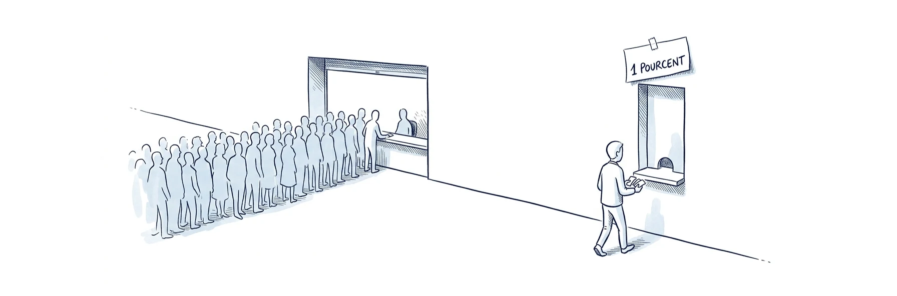 Illustration à l'encre bleue : dans un long couloir, une foule de silhouettes fait la queue devant un large guichet d'entrée grand ouvert, tandis qu'au guichet de sortie voisin, étroit, un unique personnage repart avec une poignée de jetons. Une étiquette au-dessus du guichet de sortie porte la mention 1 POURCENT.