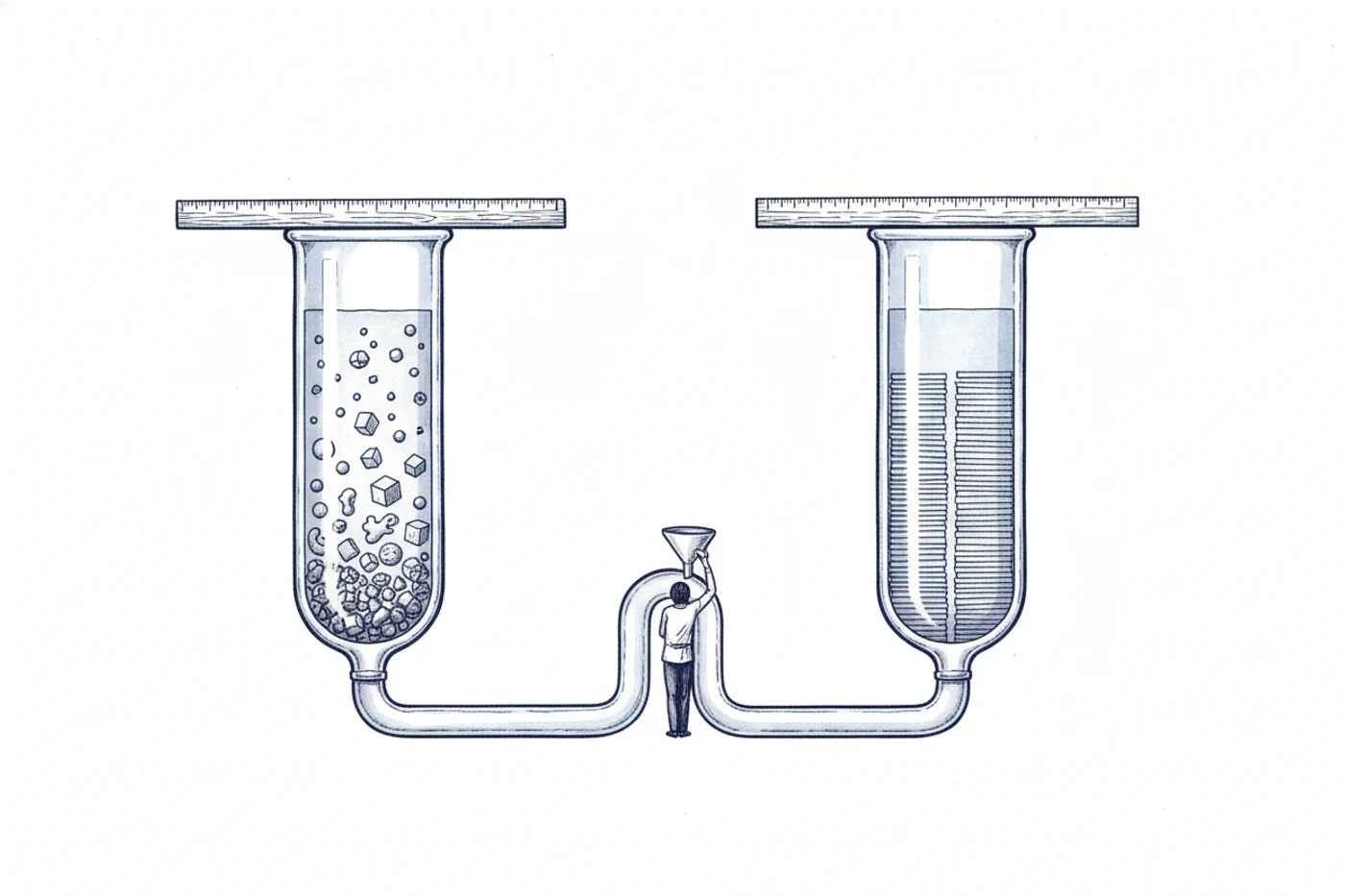 Planche à l'encre bleue : deux récipients de verre reliés par un tube à leur base. Celui de gauche contient une multitude de petits objets tous différents les uns des autres, celui de droite des feuillets rectangulaires rigoureusement identiques. Le liquide affleure exactement à la même hauteur dans les deux, ce que confirme une règle posée en travers. Un petit personnage verse dans le récipient de gauche à l'aide d'un entonnoir.