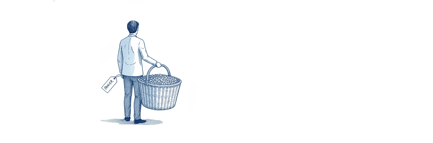 Illustration à l'encre bleue : un petit personnage de dos porte d'une seule main un grand panier d'osier à anse unique, rempli à ras bord d'une multitude de petits objets identiques. Une étiquette nouée à l'anse porte la mention PANIER.