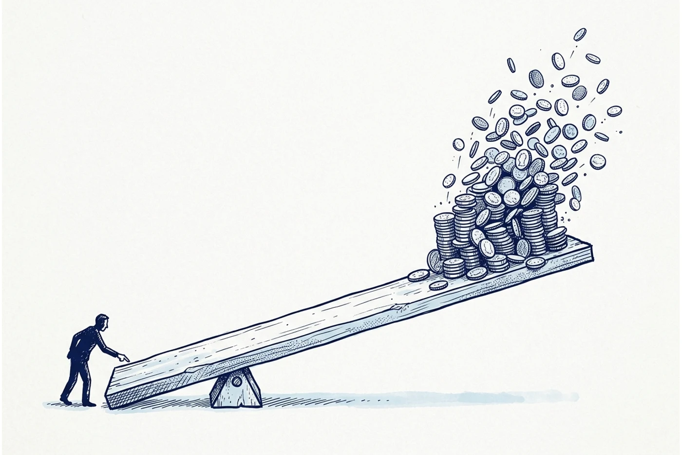 Planche à l'encre bleue : une bascule au pivot très décentré. Un petit personnage appuie d'un doigt sur le bras court, et le bras long projette violemment en l'air une pile de pièces bien plus grosse que lui.