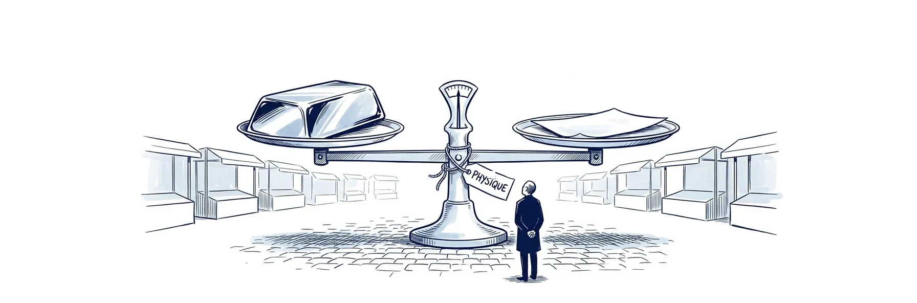Illustration à l'encre bleue : un personnage vu de dos compare deux plateaux d'une grande balance de marché, un lingot posé sur l'un, une mince feuille de papier titre sur l'autre, les deux plateaux exactement à la même hauteur. Une étiquette nouée au fléau porte la mention PHYSIQUE.