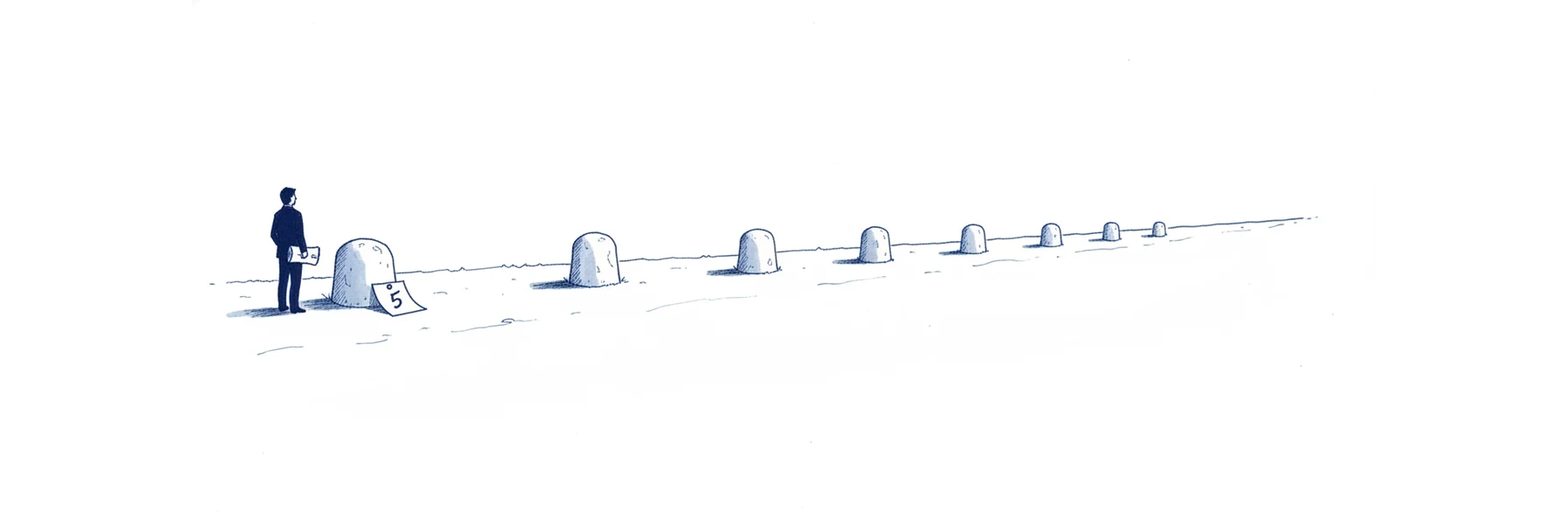 Illustration à l'encre bleue : un chemin traverse l'image de part en part, jalonné de cinq bornes de pierre de plus en plus petites vers l'horizon. Un petit personnage de dos se tient au départ, une carte roulée sous le bras. Une étiquette posée contre la première borne porte la mention 5.
