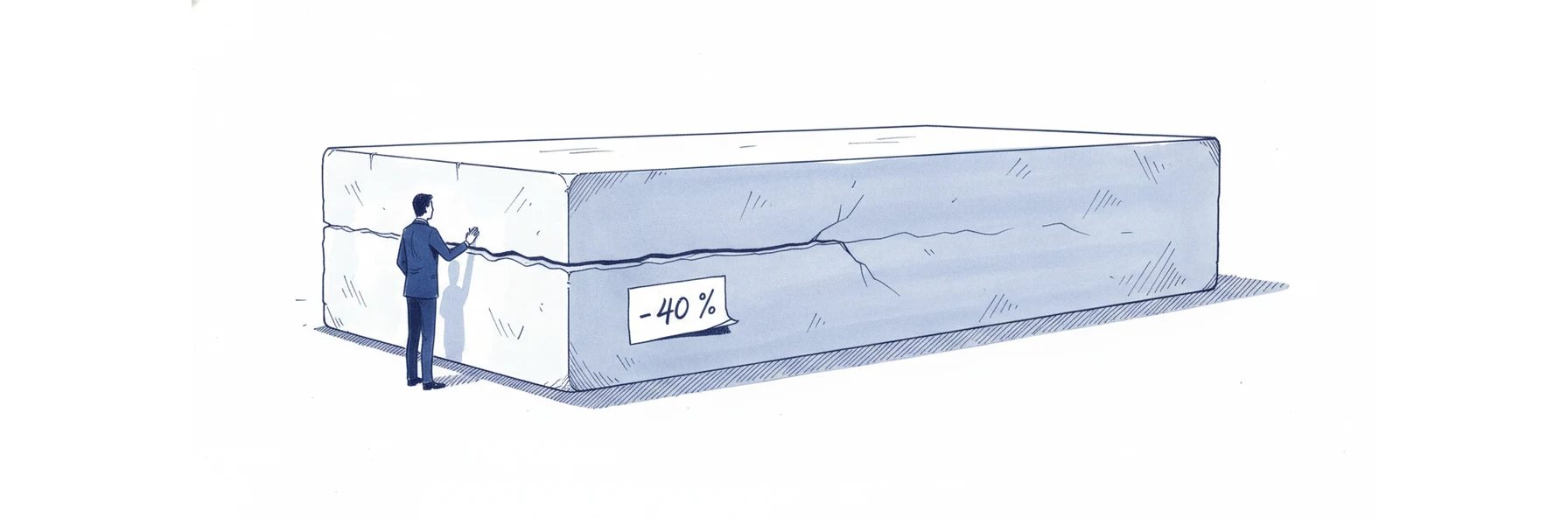 Illustration à l'encre bleue : un bloc de pierre massif et très large posé seul au centre du cadre, traversé de part en part par une longue fissure fine. Un petit personnage de dos, minuscule à côté, tend la main vers la fissure. Une étiquette posée contre le bloc porte la mention - 40 %.