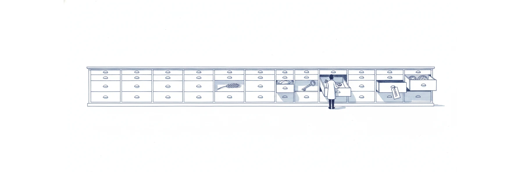 Illustration à l'encre bleue : un long cabinet à tiroirs traverse l'image, quatre tiroirs ouverts laissent voir chacun un objet différent. Un petit personnage de dos en ouvre un cinquième. Une étiquette pendue à une poignée porte la mention CLASSES.