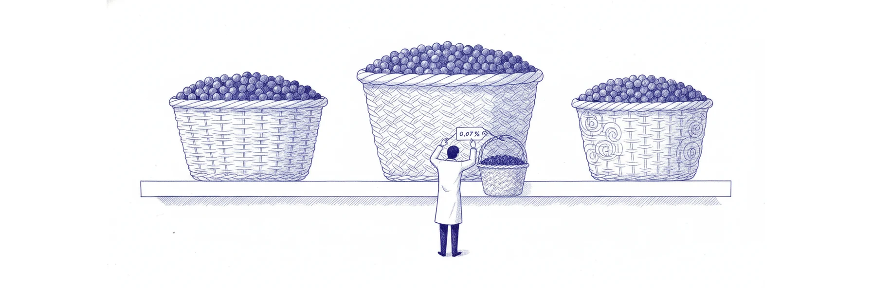 Illustration à l'encre bleue : trois paniers d'osier posés sur une étagère contiennent exactement le même contenu, une multitude d'objets identiques. Un petit personnage de dos soupèse les anses l'une après l'autre pour trouver la plus légère. Une étiquette nouée au panier du milieu porte la mention 0,07 %.
