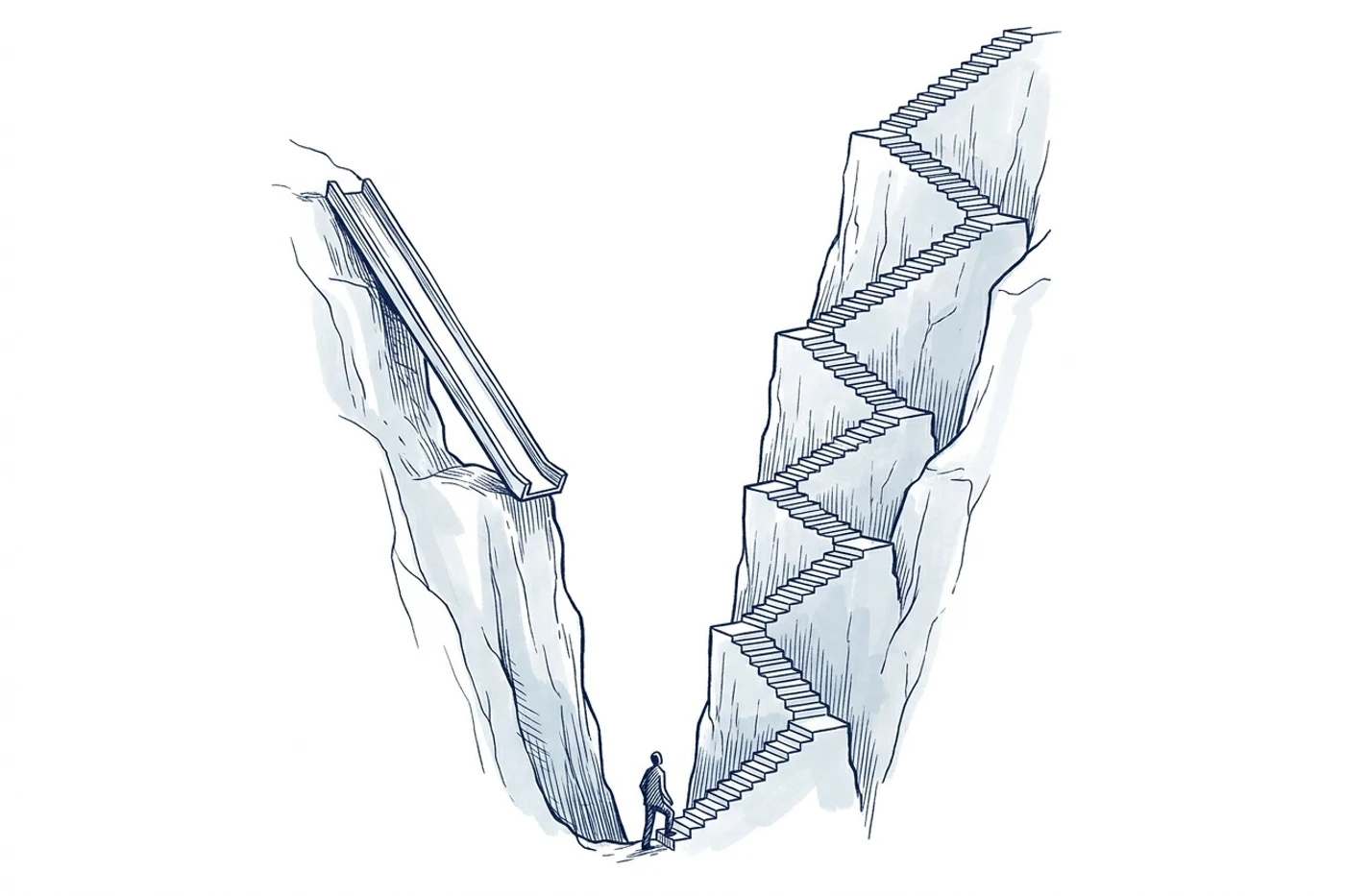 Planche à l'encre bleue : au bord d'une crevasse, un toboggan court et abrupt plonge d'un côté tandis qu'un très long escalier en lacets remonte l'autre paroi. Un personnage minuscule, au fond, entame la montée.