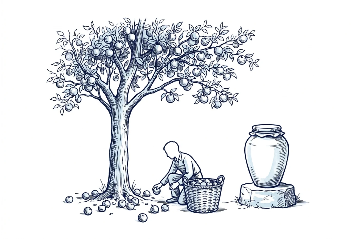 Planche à l'encre bleue : un arbre fruitier chargé de fruits face à une jarre scellée posée sur un socle de pierre ; une personne ramasse les fruits tombés, rien ne tombe de la jarre.