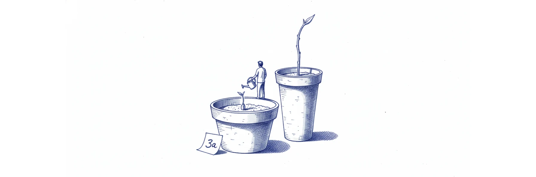 Illustration à l'encre bleue : deux pots de terre côte à côte, l'un bas où une graine dort sous la terre sans avoir poussé, l'autre haut d'où part une tige vigoureuse qui sort du cadre. Un petit personnage de dos tient un arrosoir au-dessus du pot endormi. Une étiquette posée contre ce pot porte la mention 3a.