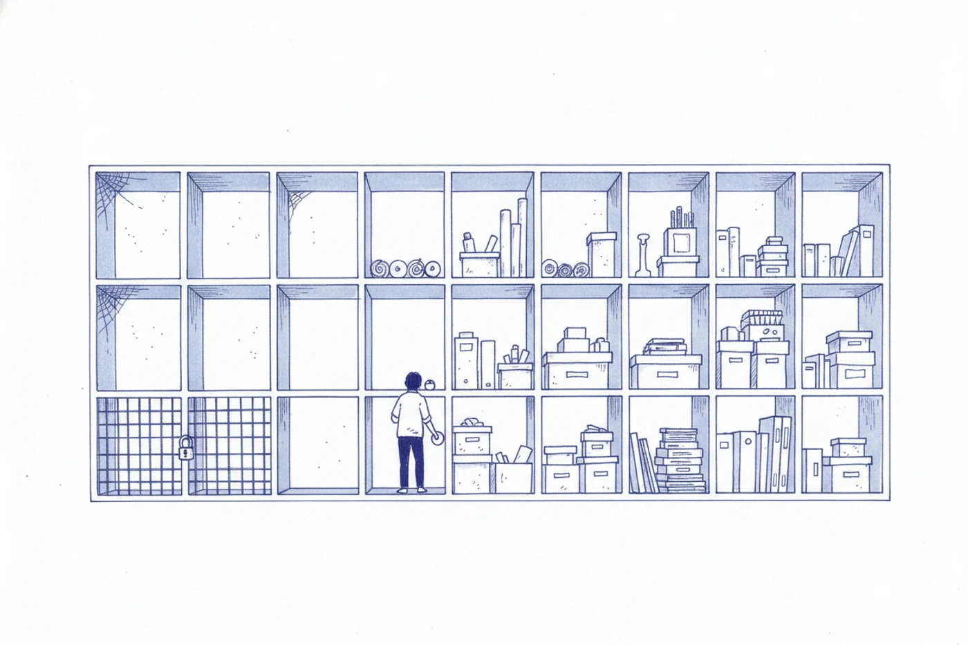Planche à l'encre bleue : un long casier mural dont la moitié droite est pleine et la moitié gauche vide et poussiéreuse. Un petit personnage recule vers la gauche et dépose un objet dans la première case vide. Les dernières cases, tout à gauche, sont fermées par une grille cadenassée.