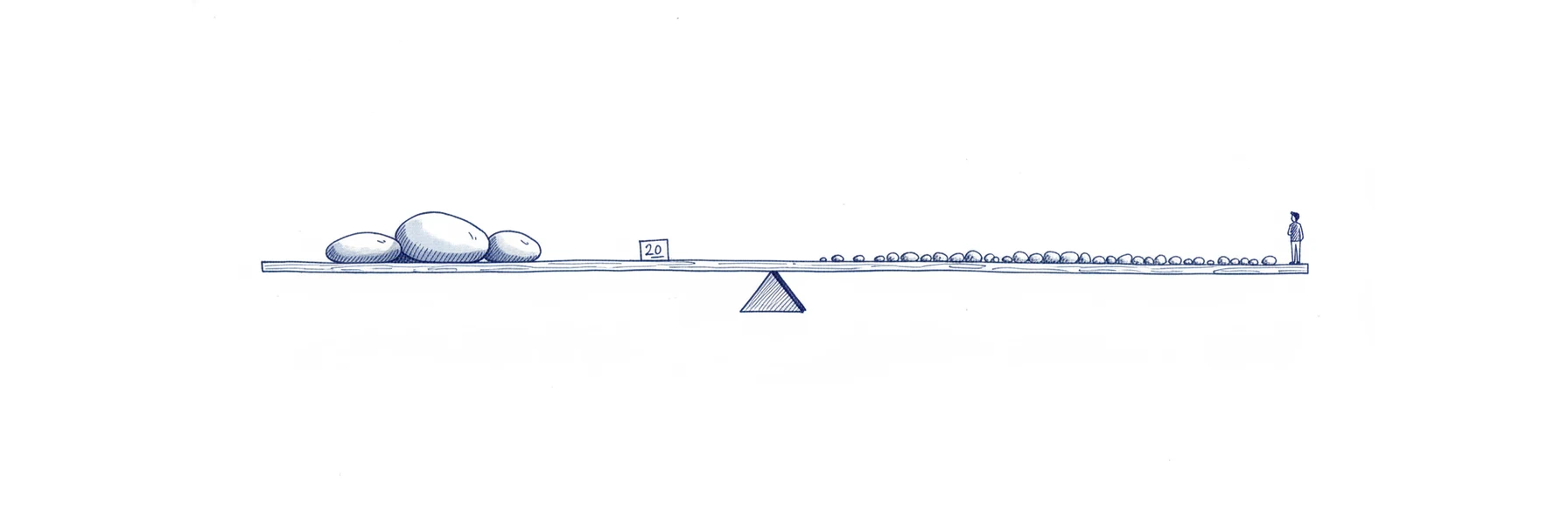 Illustration à l'encre bleue : une longue planche en équilibre sur un point d'appui unique, trois grosses pierres posées tout près du centre d'un côté, une file de très petits cailloux étirée jusqu'au bout de l'autre. Un petit personnage de dos observe depuis le bord. Une étiquette posée sur la planche porte la mention 20.