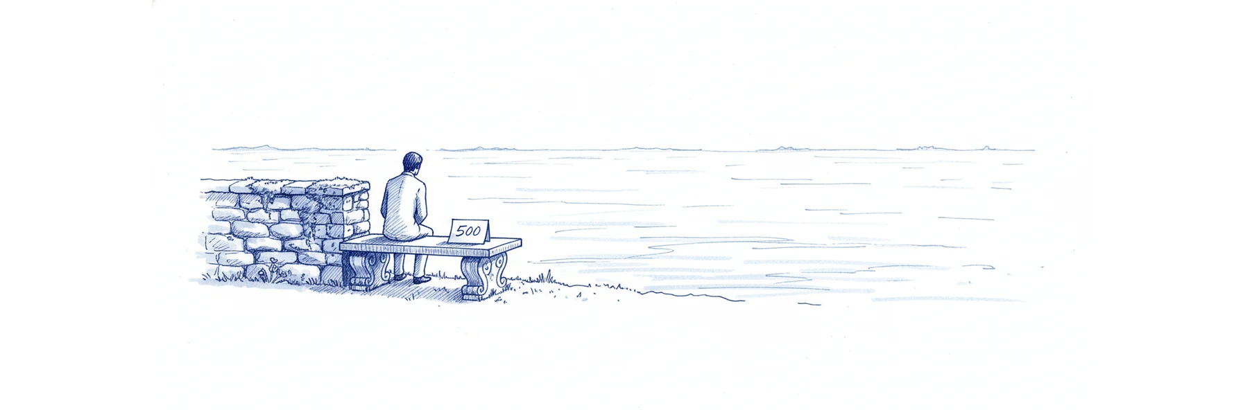Illustration à l'encre bleue : un petit personnage assis de dos sur un banc, face à un muret tout proche qui lui bouche la vue, tandis qu'une immense plaine ouverte s'étend derrière lui sur toute la largeur du cadre. Une étiquette posée sur le banc porte la mention 500.