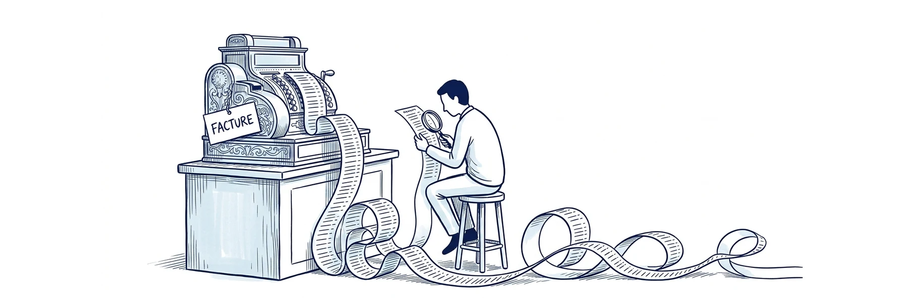 Illustration à l'encre bleue : un long ticket de caisse se déroule d'une caisse enregistreuse ancienne jusqu'au sol et sort du cadre ; un personnage assis le lit ligne par ligne avec une loupe. Une étiquette porte la mention FACTURE.