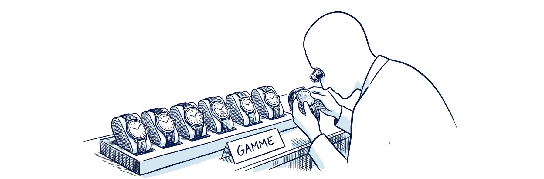 Illustration à l'encre bleue : dans la vitrine d'un horloger, huit montres alignées sur des socles ; un personnage penché avec une loupe examine non pas le cadran mais le fond du boîtier d'une montre retournée. Une étiquette porte la mention GAMME.