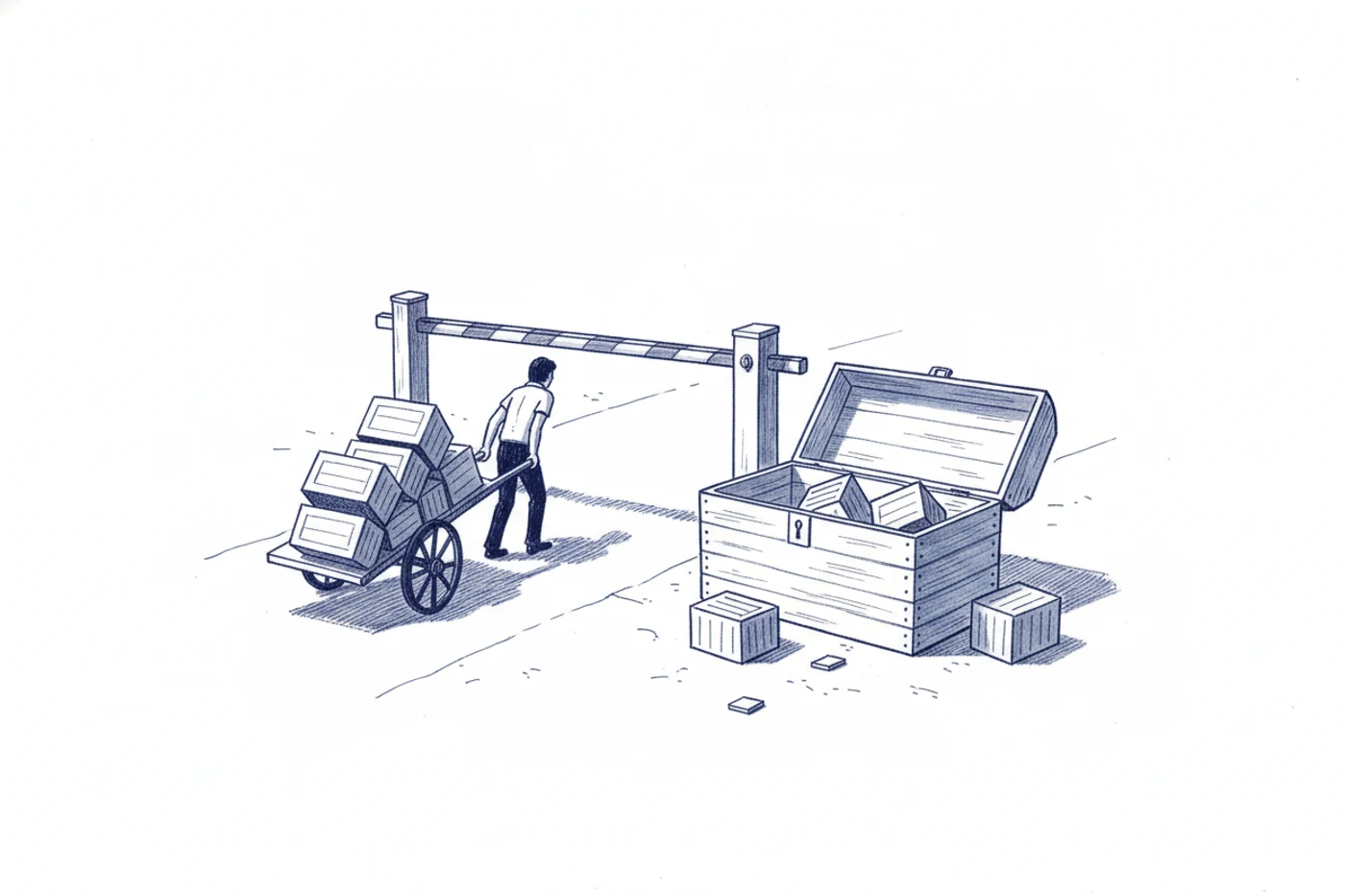 Planche à l'encre bleue : un petit personnage pousse une charrette chargée vers une barrière de poste-frontière abaissée. Juste avant la barrière, un grand coffre fixé au sol a déjà recueilli une partie du chargement.