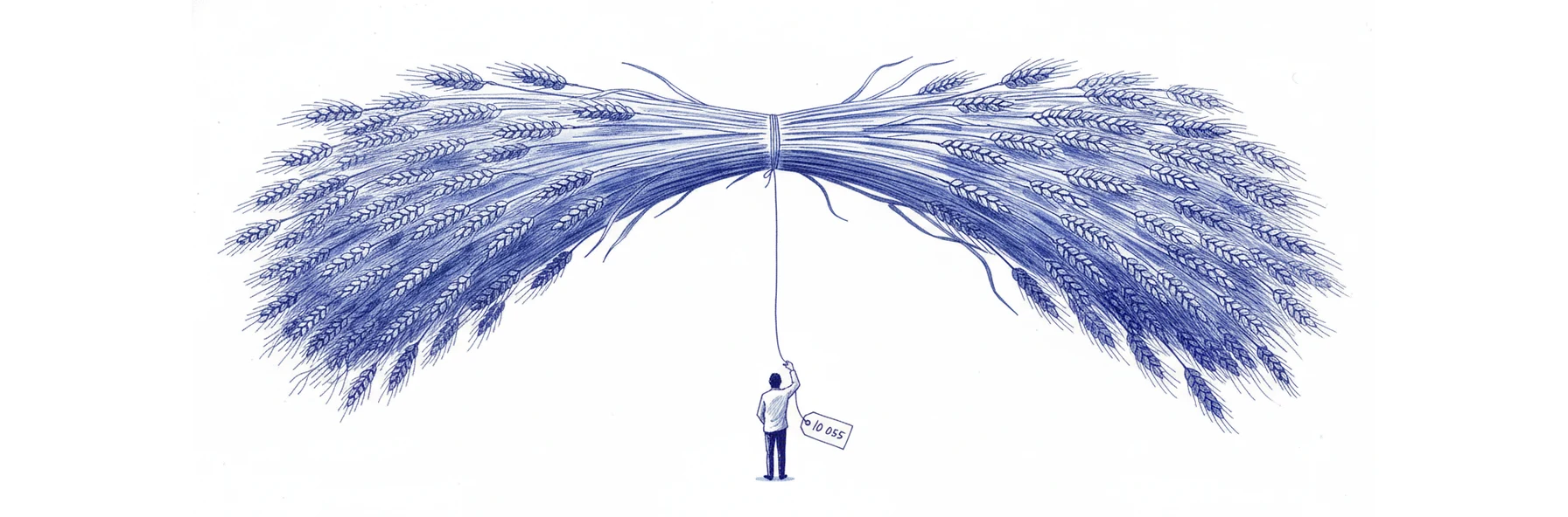 Illustration à l'encre bleue : un petit personnage de dos tient entre deux doigts une ficelle unique au bout de laquelle s'ouvre, très haut au-dessus de lui, une immense gerbe d'épis serrés qui s'étale sur toute la largeur du cadre. Une étiquette nouée à la ficelle porte la mention 10 055.