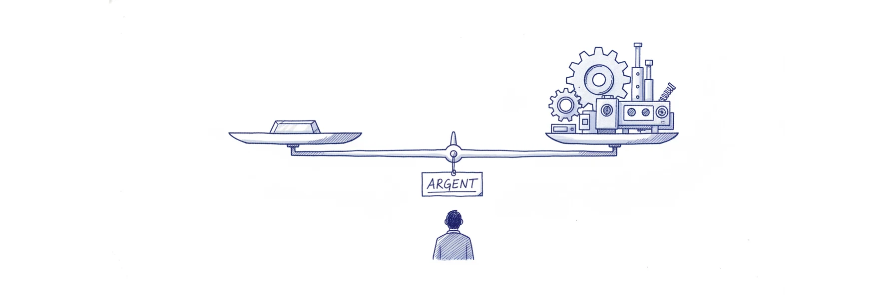 Illustration à l'encre bleue : une balance parfaitement en équilibre, un lingot sur un plateau, un assortiment d'engrenages industriels de masse égale sur l'autre. Un petit personnage de dos observe le point d'équilibre. Une étiquette suspendue au fléau porte la mention ARGENT.